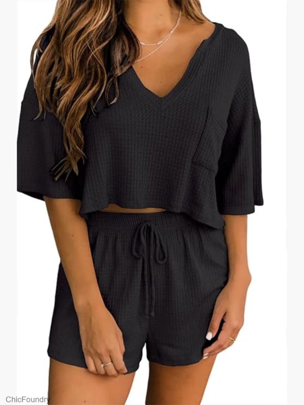 Waffle Knit Pajama Set V-Neck Crop Top Shorts Lounge Wear
